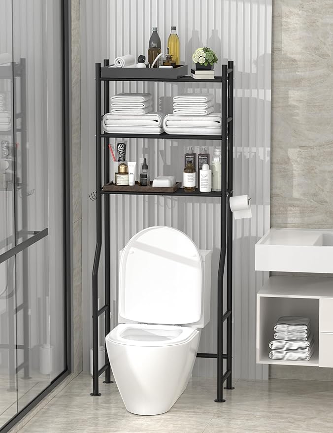 3-Tier Over The Toilet Storage, Freestanding Metal Bathroom Shelves with 4 Hooks, Over Toilet Storage Shelf with Paper Holder, Above The Toilet Shelf for Bathroom Storage, Black-NeatNest