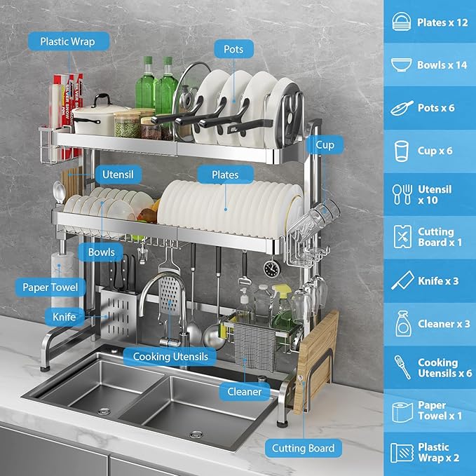 Over The Sink Dish Drainer Drying Rack, Full Stainless Steel 3-Tier Adjustable Length Over Sink Dish Drying Rack, Large Capacity Dish Rack Over Sink for Kitchen Counter, Pots & Pans Rack