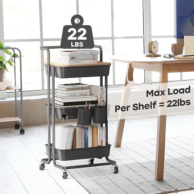 DTK 3 Tier Rolling Cart Uility Cart with Cover Board, Mobile Storage Cart with Wheels, Cups, Hooks for Office Utility Kitchen Bathroom Homeschool Art Craft Postpartum Teacher Cart Organizer(Black)-NeatNest