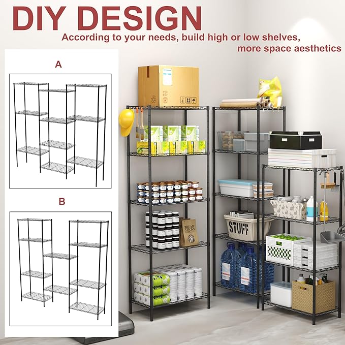 HOMEFORT 5-Shelving Unit, Adjustable Wire Shelving, Metal Wire Shelf Rack Organizer for Kitchen, Pantry, Closet, Bathroom, Laundry, Black,21" W x 11" D x 59" H