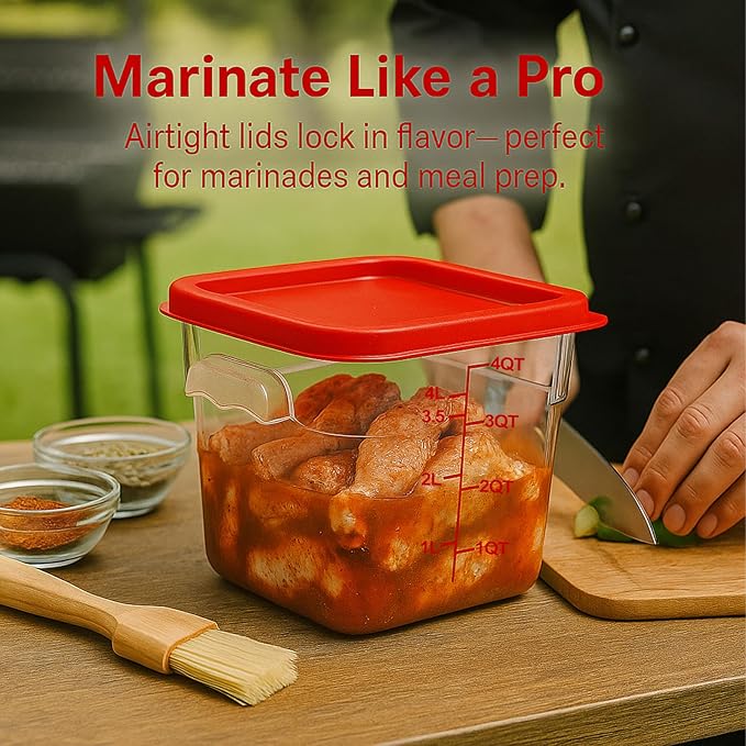 4 Pack 4QT Food Storage Containers with Red Lids, Clear Square Commercial Food Grade Storage Containers with Handles and Scales, BPA-Free Airtight Restaurant Container for Sourdough, Marinating Meat