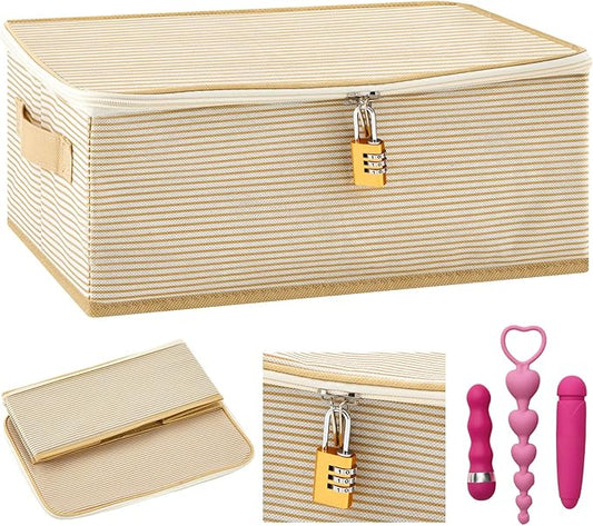 Discreet Lockable Adult Toy Storage Organizer Adult Toy Bag Storage Bins Case with Zipper Lid 15 x 10 x 5.9 Inches for Women and Men Clothes Container(Gold Stripes)-NeatNest