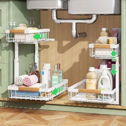 Under Sink Organizer, 2 Packs 2 Tier Under Sink Organizers and Storage, Slide out Pull out Cabinet Organizer Shelf, Metal Sliding Drawer for Kitchen Bathroom Pantry Closet Rack(White)-NeatNest