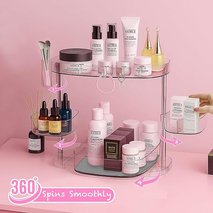 3 Tier Bathroom Organizer Countertop Rotating Makeup Tray Counter Storage Vanity and Skincare Shelves Clear