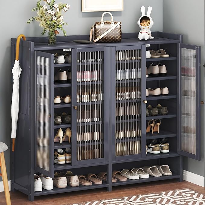 Bamboo Shoe Cabinet, 8-Tier Shoe Storage Cabinet with Doors, Freestanding Bamboo Shoe Rack Organizer with Shelves for Entryway, Hallway, Closet, Living Room (Grey-01)