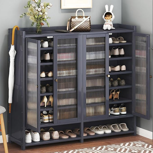 Bamboo Shoe Cabinet, 8-Tier Shoe Storage Cabinet with Doors, Freestanding Bamboo Shoe Rack Organizer with Shelves for Entryway, Hallway, Closet, Living Room (Grey-01)