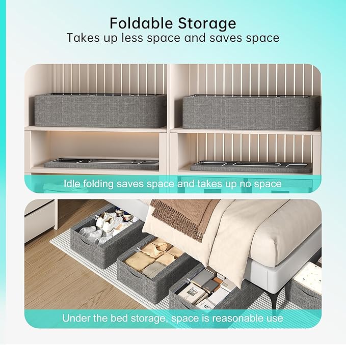 3PCS Under Bed Storage Bins with Metal Frame, Linen Fabric Frame Storage Box Clothes Organizer Bins, Underbed Container with Clear Window (Dark Grey, 15.7 x 13 x 6IN)-NeatNest