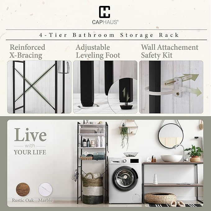 CAPHAUS Over The Toilet Storage, 4-Tier Bathroom Organizer, Freestanding Toilet Shelf, Multifunctional Space Saver Toilet Rack with 4 Hooks, Laundry Organizer, Plant Stand for Balcony (Marble White)-NeatNest