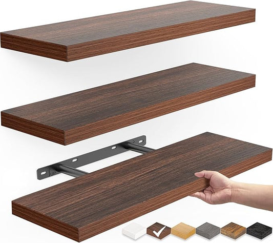 BAYKA Floating Shelves for Wall, Wall Mounted Rustic Wood Shelves for Bathroom, Bedroom, Living Room, Kitchen,Small Hanging Shelf for Books/Storage/Room Decor (Walnut-Like, Set of 3, 15.7in)-NeatNest