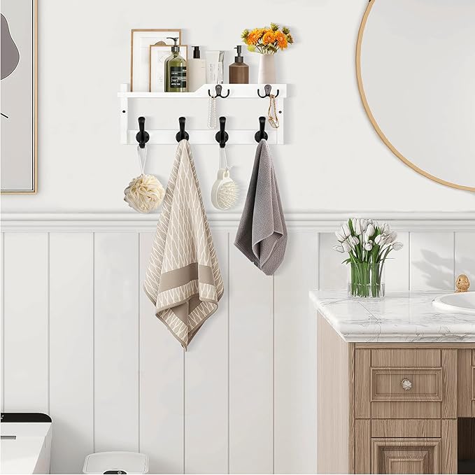 Coat Rack Wall Mount with Shelf, Coat Hanger Wall Mount with Key Hooks and Mail Holder, Wood Entryway Floating Shelf with Hooks and Storage, Hat Rack for Wall Key Holder Mail Organizer-NeatNest