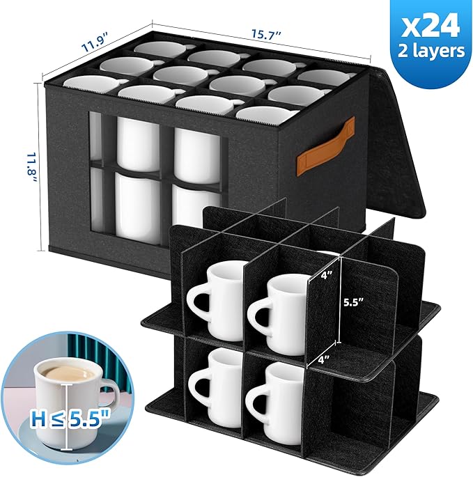 2-Layer Coffee Mug Storage Box with Dividers, Coffee Cup Storage Organizer with Zipper Lid and Handles, Stackable Mug and Cup organizer Service for 24 Coffee Mugs, Cups and Glasses, Dark Grey-NeatNest