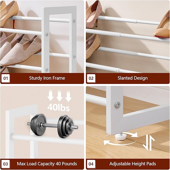 FAVOOSTY 3-Tier Expandable Shoe Rack, Adjustable Shoe Shelf Storage Organizer Space Saving Metal Free Standing Shoe Rack for Entryway Closet Doorway, White-NeatNest