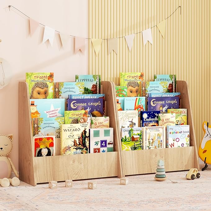 Costzon 4-Tier Kids Bookshelf, Front Facing Children Bookcase with Deep Compartments, Magazine Storage Rack for Kids Bedroom, Playroom, Nursery, Classroom, Kindergarten (Natural)-NeatNest