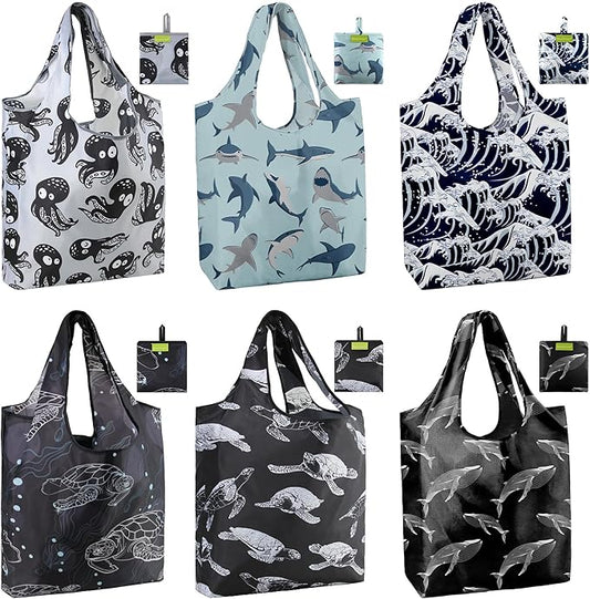 BeeGreen Reusable Grocery Bags for Groceries | Foldable Tote Bags with Handles Reusable Gift 6 Set - Heavy Duty Washable Polyester Travel and Shopping Basket - Bulk Bag for Women Animal Lovers-NeatNest