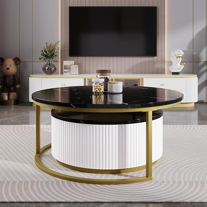 27.6" Lift-Top Nesting Coffee Table Set of 2, Modern Round Coffee Table with Drawer, Circular Wood Center Table Set for Living Room, Apartment, Black & Gold