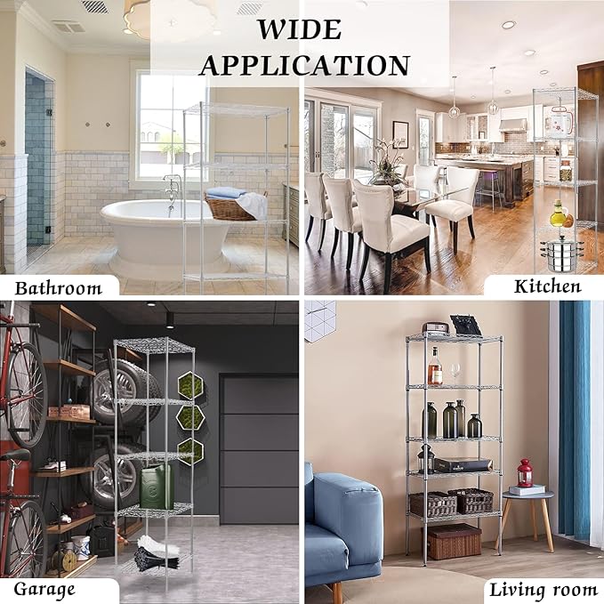 5-Tier Wire Shelving Unit Storage Shelves Metal Shelves 61''x24''x14'' Metal Shelving Unit Heavy Duty Wire Rack Shelving NSF for Home Kitchen Bathroom Garage Shelving (Chrome) NCF-MN5