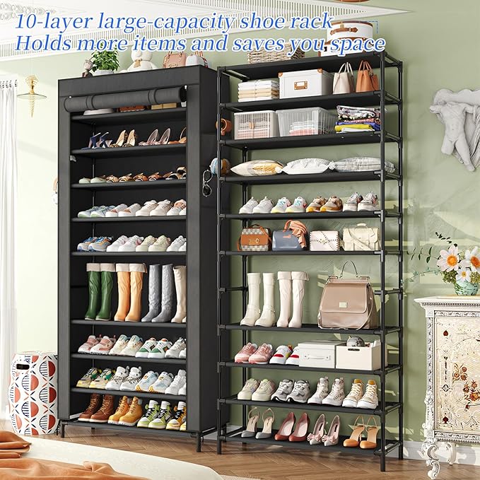 Simple Trending Tall Shoe Rack Organizer Holds 40 Pairs, 10 Tier Large Capacity Shoe Cabinet Storage with Cover for Closet, Black-NeatNest