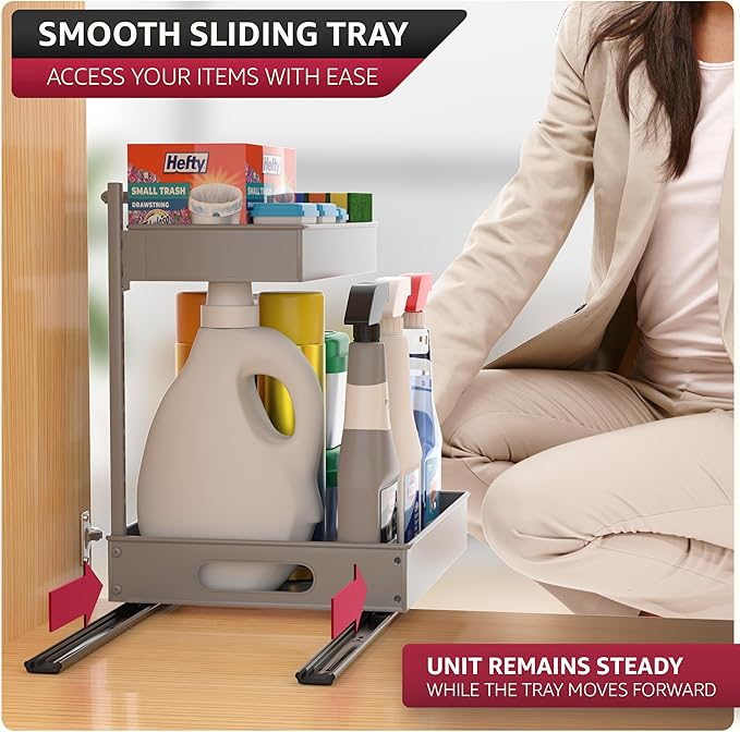 Sorbus Under Sink Organizer with Sliding Tracks – Pull Out Cabinet Organizer with Drawer & Installation Rails – Under Cabinet Bathroom Storage Organizer for Kitchen, Pantry, or Vanity –Silver 2 Pack-NeatNest