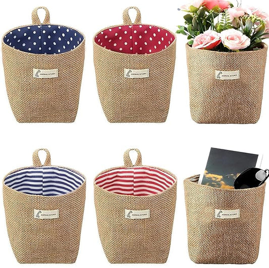 6 PCS Mini Hanging Storage Bags, Anberky Cotton Linen Small Storage Basket Wall Hanging Organizer Box Wall Mounted Storage Pocket Collapsible Decor Bin Bag with Handle for Wall Door Closet (#A)-NeatNest