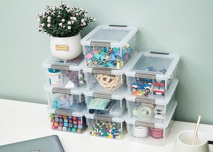 Citylife 1.3 QT 10 Pack Small Storage Bins Plastic Storage Container Stackable Box with Lids for Organizing, Clear White-NeatNest