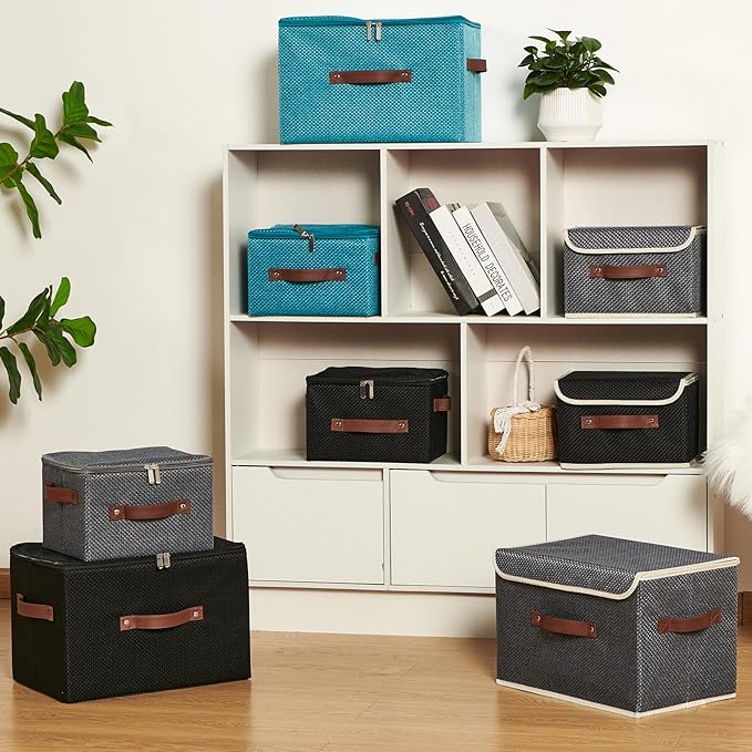 2PCS Storage Bins with Lid Fabric Storage Box Basket PU Leather Handle Textured Woven Cotton Linen Decorative Foldable Washable Shelf Closet Organizer Container (Flip-top Lid, Blue, Small)-NeatNest