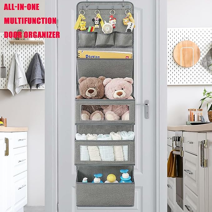 VICTORICH All-IN-ONE Over the Door Organizer, Super Behind the Door Storage Organizer with Door Rack and Large Clear Windows, Wall File Organizer, Hanging Organizer (New Linen Gray)