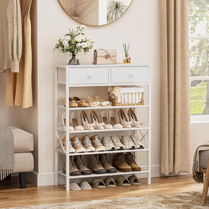 Shoe Rack for Entryway, 5 Tier Shoe Organizer with 2 Non-Woven Drawers, Metal Storage Shoe Shelf for 16-20 Pairs of Shoes, with Wooden Top and Steel Frame, Shoe Stand for Closet Greige-NeatNest