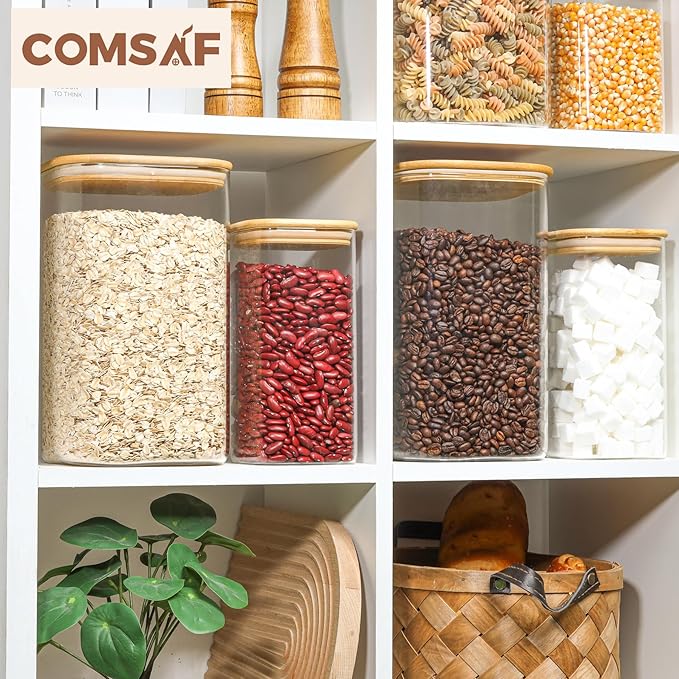 ComSaf 4.6Qt Glass Food Storage Containers, 1.2 Gallon Glass Flour and Sugar Containers with Airtight Lids, Large Square Jars with Bamboo Lids for Rice, Pasta, Oats, Grains, Cookies, Coffee Beans-NeatNest