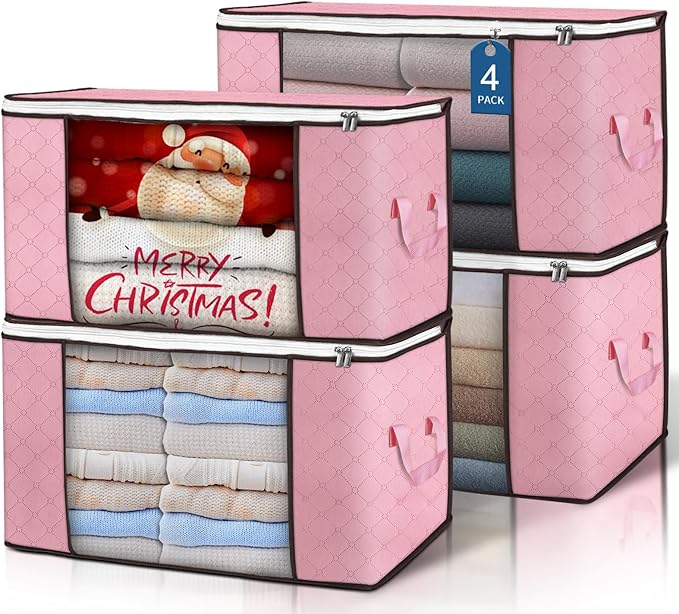 Budding Joy 90L Large Storage Bags, 4 Pack Clothes Storage Bins Foldable Closet Organizer Storage Containers Storage and Organization for Clothes, Blanket, Pillows and Toys (Pink)-NeatNest