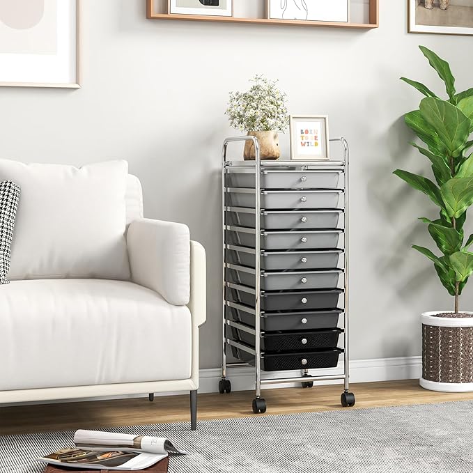 Giantex 10-Drawer Storage Cart w/Universal Wheel, Rolling Cart w/Handle, Home Organizer Storage Unit w/Removable Drawers, Trolley Utility Cart for Kitchen Makeup Living Room Office Play Room