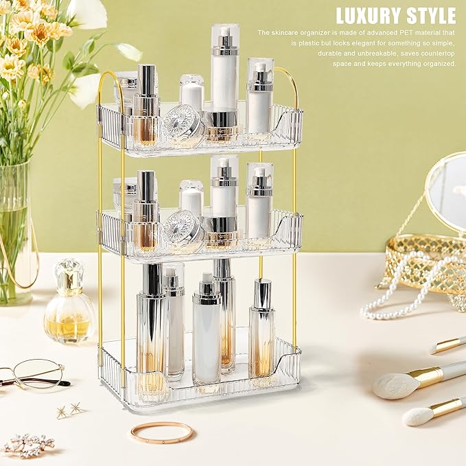 Bathroom Counter Organizer Countertop Storage Skincare Countertop Makeup Organizer Cosmetics Skincare Organizers Holder for Perfume-Clear-Golden Pole-3 Tier-NeatNest
