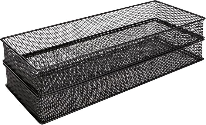 Annova Mesh Stackable Drawer Cabinet and Shelf Organizer Bins Storage Basket School Office Supply Holder Tray- Set of 2 (Black, 6x15x2 Inch)-NeatNest