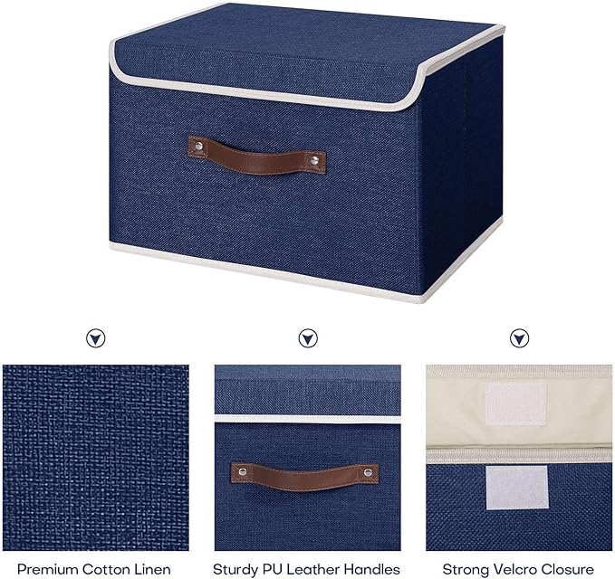 ANMINY 2PCS Storage Bins with Lid PU Leather Handles Storage Boxes PP Plastic Board Decorative Foldable Lidded Cotton Linen Fabric Home Cubes Baskets Closet Organizer Containers - Blue, Large Size-NeatNest