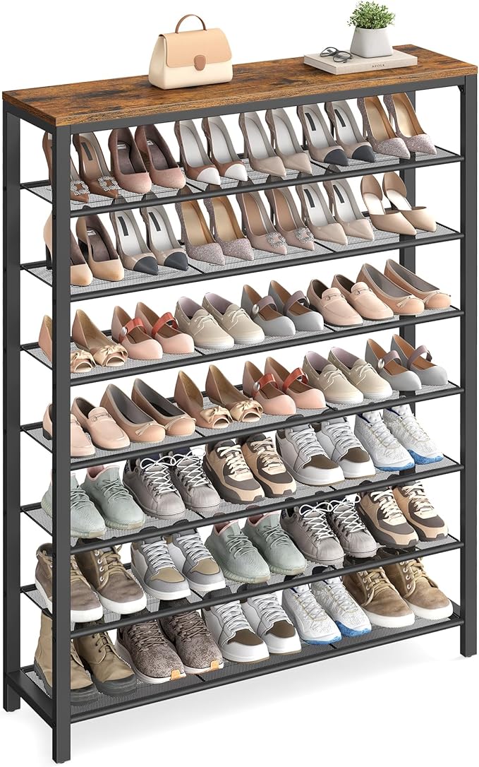 VASAGLE 8 Tier Shoe Rack, Shoe Organizer for Closet, Entryway, 32-40 Pairs of Shoes, Large Shoe Rack Organizer with 7 Metal Mesh Shelves, 11.8 x 39.4 x 59.8 Inches, Rustic Brown and Black ULBS012B01-NeatNest