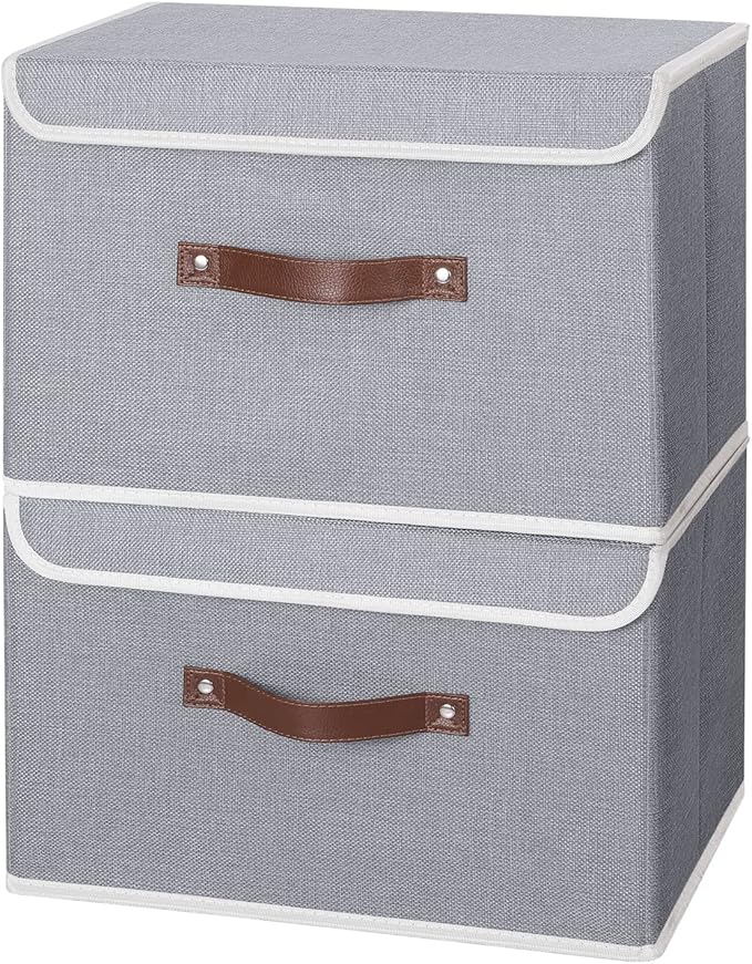 ANMINY 2PCS Storage Bins with Lid PU Leather Handles Storage Boxes PP Plastic Board Decorative Foldable Lidded Cotton Linen Fabric Home Cubes Baskets Closet Organizer Containers - Gray, Large Size-NeatNest