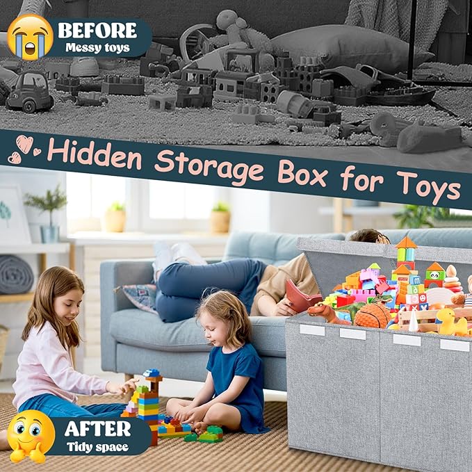Extra Large Toy Box with Lids - Sturdy Collapsible Kids Storage Organizer Big Bin Chest Basket with Dividers for Boys Girls, Bedroom, Nursery, Living Room, Playroom Organization, 38"x16"x14", Gray