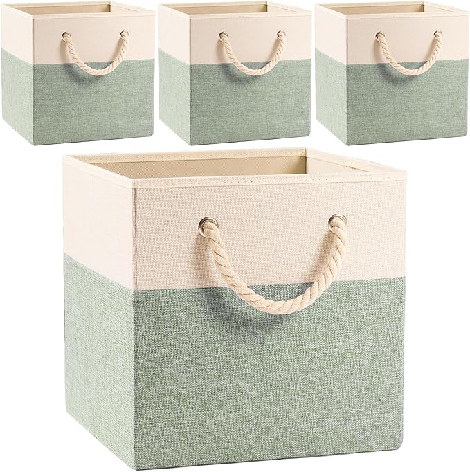 PRANDOM Large Foldable Cube Storage Bins 13x13 inch [4-Pack] Fabric Linen Storage Baskets Cubes Drawer with Cotton Handles Organizer for Shelves Nursery Closet Bedroom Beige/Green-NeatNest