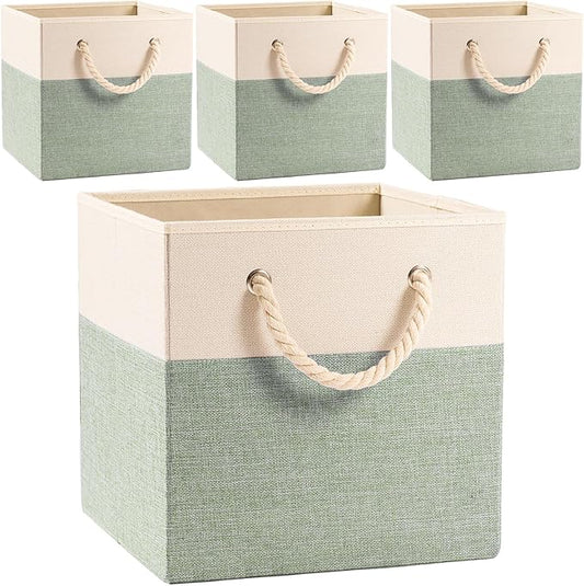 PRANDOM Large Foldable Cube Storage Bins 13x13 inch [4-Pack] Fabric Linen Storage Baskets Cubes Drawer with Cotton Handles Organizer for Shelves Nursery Closet Bedroom Beige/Green-NeatNest