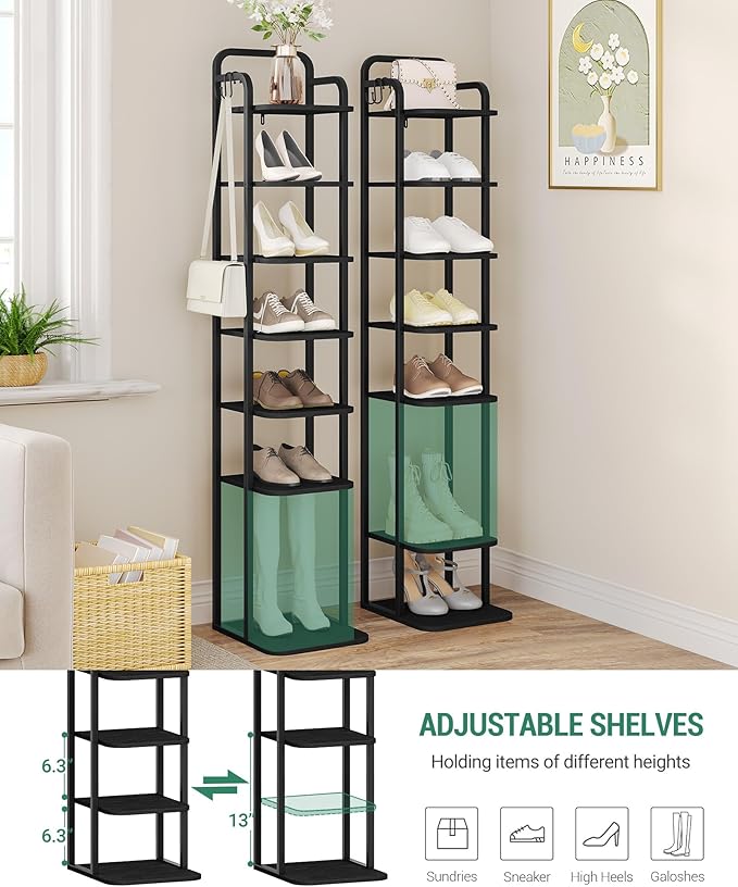 8 Tiers Vertical Shoe Rack, Narrow Shoe Tower, Tall Shoes Shelf with 2 Hooks, Adjustable Shelves, Corner Shoes Shelves for Small Spaces, Entryway, Living Room, Black SR04304B-NeatNest
