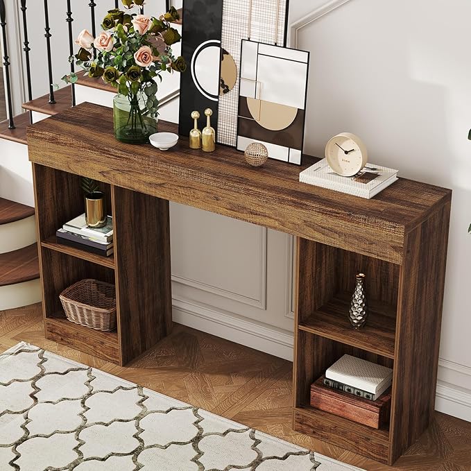 55 Inches Console Table,4 Cubes Narrow Entryway Table,3 Tier Wood Behind Couch Sofa Table,TV Console with Storage for Living Room,Hallway,Entrance,Foyer (Striped Brown)-NeatNest