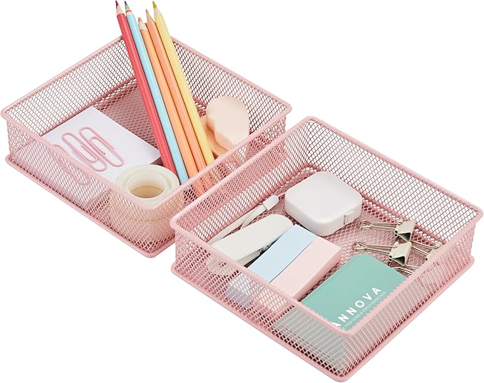 Annova Mesh Stackable Drawer Cabinet and Shelf Organizer Bins Storage Basket School Office Supply Holder Tray- Set of 2 (Light Pink, 6x6x2 Inch)-NeatNest