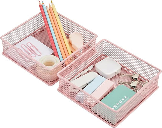 Annova Mesh Stackable Drawer Cabinet and Shelf Organizer Bins Storage Basket School Office Supply Holder Tray- Set of 2 (Light Pink, 6x6x2 Inch)-NeatNest