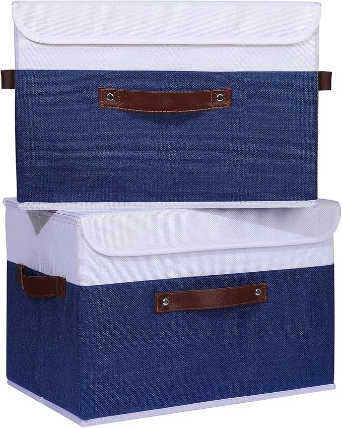 ANMINY 4PCS Storage Boxes with Lid Washable Decorative Storage Bin Basket with PU Leather Handle Foldable Linen Fabric Storage Cube Container for Home Closet Organizer - Deep Blue White, Large Size-NeatNest