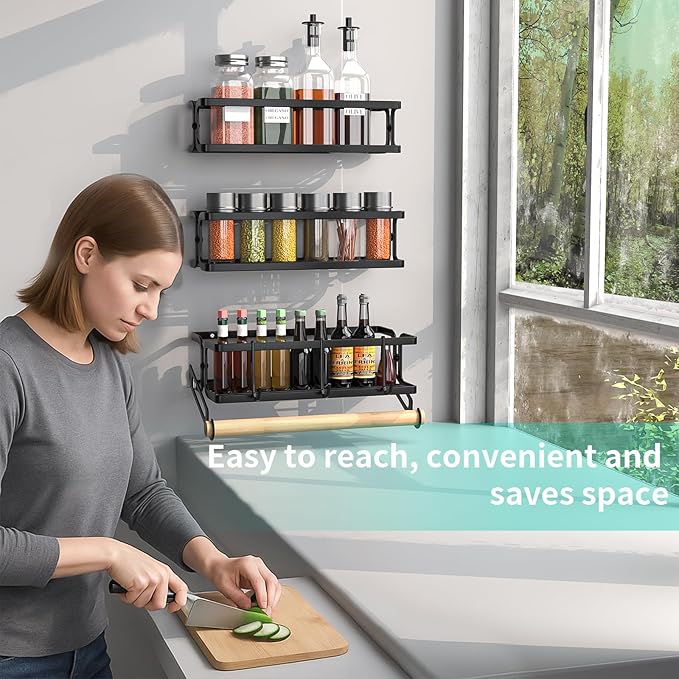3 Pack Spice Rack Wall Mount With Paper Towel Holder and Hooks,Space-Saving Spice Organizer for Spice Jars and Seasonings, Hanging Spice Rack Organizer Kitchen for Cabinet, Pantry,Black-NeatNest