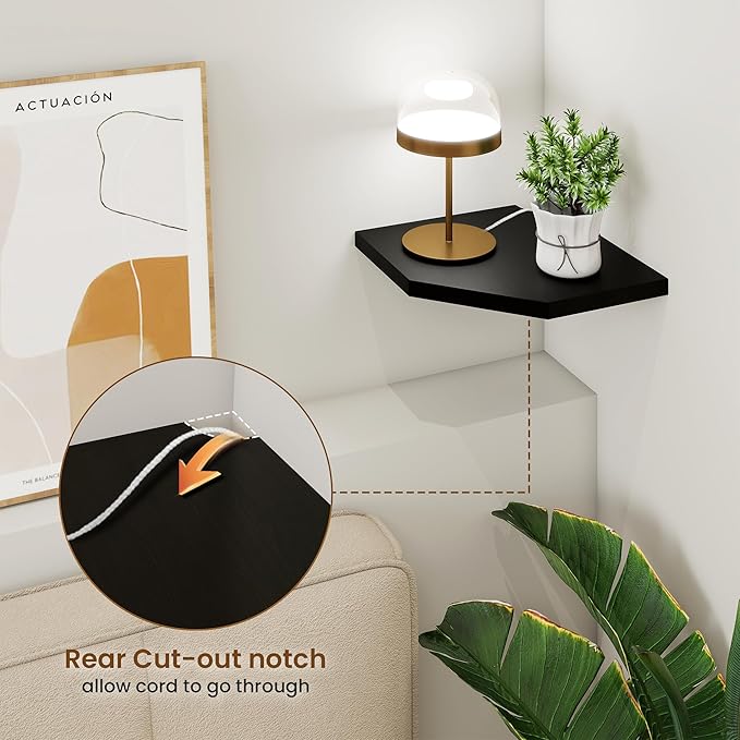 Fun Memories Corner Shelf Wall Mount, Solid Oak Wood Floating Corner Shelves with Cable Hole, 8.5in Rustic Design for Bedroom, Bathroom, Kitchen, Living Room (Black, 1 Pack)-NeatNest