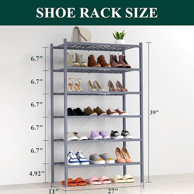 Smiry Shoe Rack, 6 Tier Thick Bamboo Shoe Organizer, Stackable Free Standing Wooden Shoe Storage Shelf for Closet, Entryway, Front Door Entrance, Grey-NeatNest