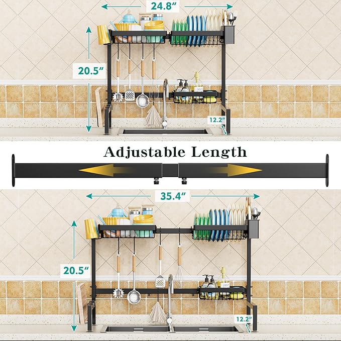 YKLSLH Over The Sink Dish Drying Rack 2 Tiers, for All Sinks (24.8"-35.4"),Expandable Large Capacity Sink Rack, Metal Drying Rack for Kitchen and Family Use