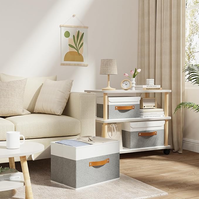 OUTBROS Large Foldable Storage Bins, Linen Fabric Box with Lid, Organiser for Shelves, Cubes For Towels, Clothes, 13 x 9.1 x 7.9 inch (White/Grey, 1-Pack)-NeatNest