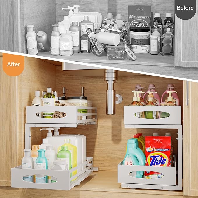 Under Sink Organizer, 2 Tier Under Sink Organizers and Storage, Adjustable Height, Slide out Metal Cabinet Organizers, Pull out Cabinet Storage Drawer Shelf for Kitchen Bathroom White, 2 Pack-NeatNest