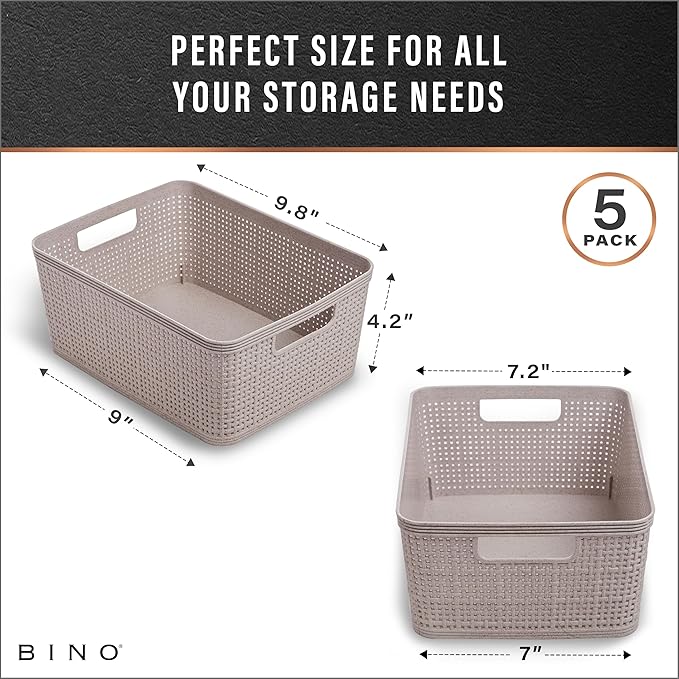 BINO | Woven Plastic Basket | Small (Natural Grey), 5-Pack | THE JUTE COLLECTION | Home Organization, Space - Saving Storage, Stylish Design | Jute Basket | Plastic Storage Basket-NeatNest
